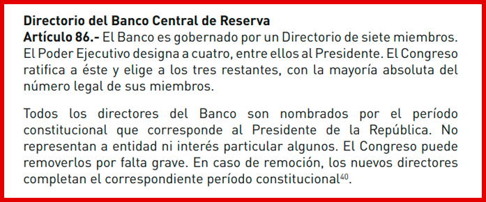 Artículo 86 de la Constitución establece los límites para la remoción del presidente del BCRP