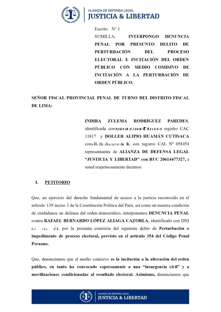 Presentan denuncia penal contra Rafael L�pez Aliaga por presunta perturbaci�n del proceso electoral.