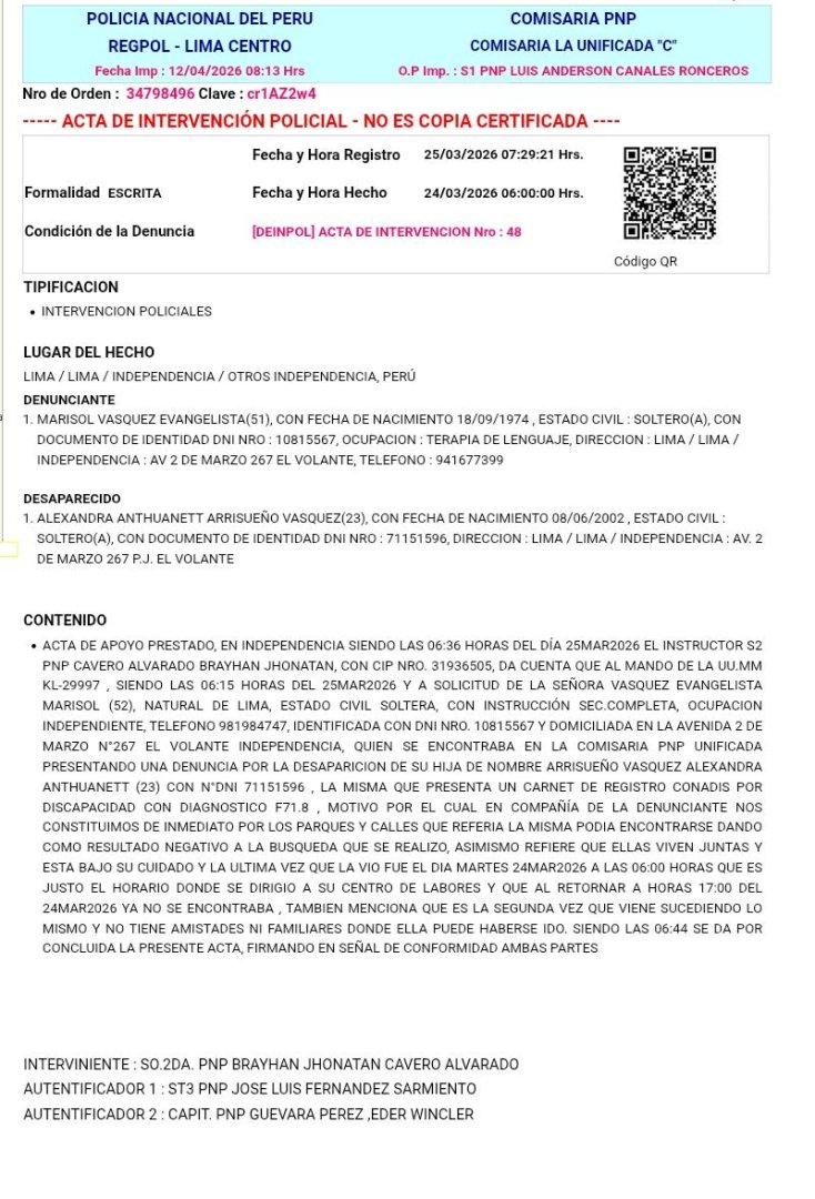 Denuncia por desaparici�n interpuesta por su madre, Marisol V�squez.