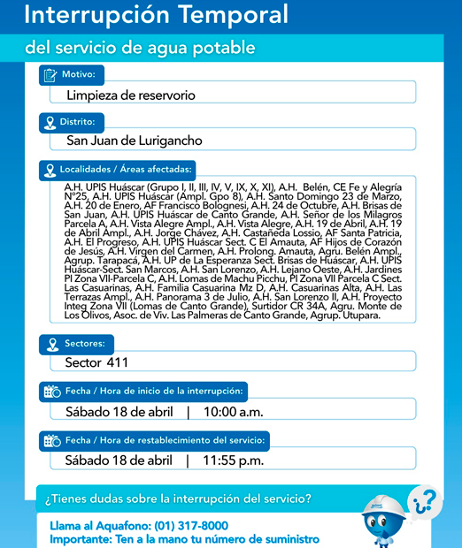 Detalles del corte de agua en SJL.