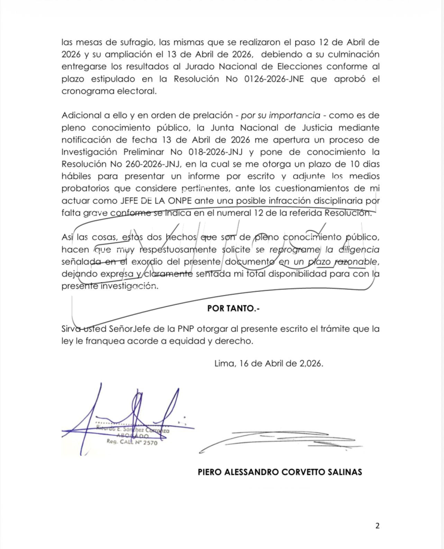 Piero Corvetto solicita reprogramaci�n de testimonio