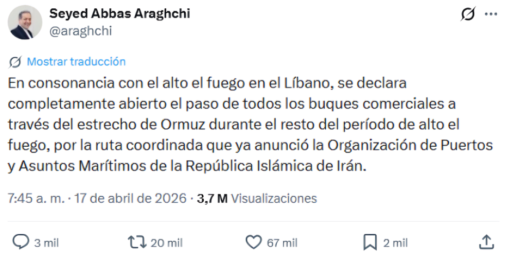 Publicaci�n del ministro de Exteriores de Ir�n, Seyed Abbas Araghchi