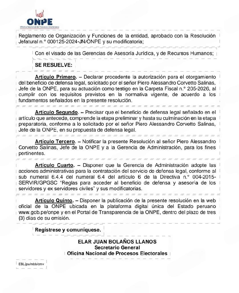 Resoluci�n Jefatural de la ONPE aprueba pago de defensa legal de Piero Corvetto.