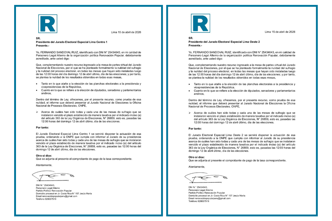 Renovaci�n Popular solicit� nulidad de mesa instaladas despu�s de las 12:00 p.m.