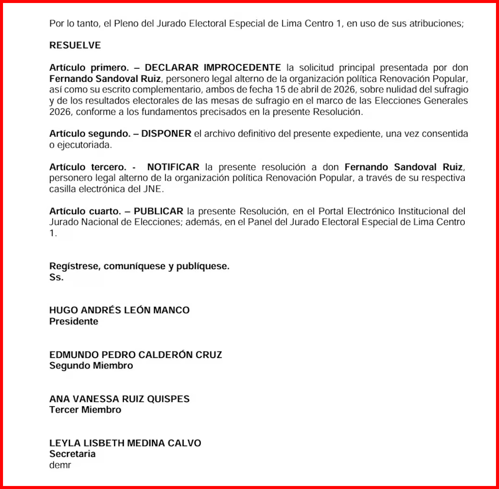 Resoluci�n JEE Lima Centro 1 declara improcedente pedido de Renovaci�n Popular.