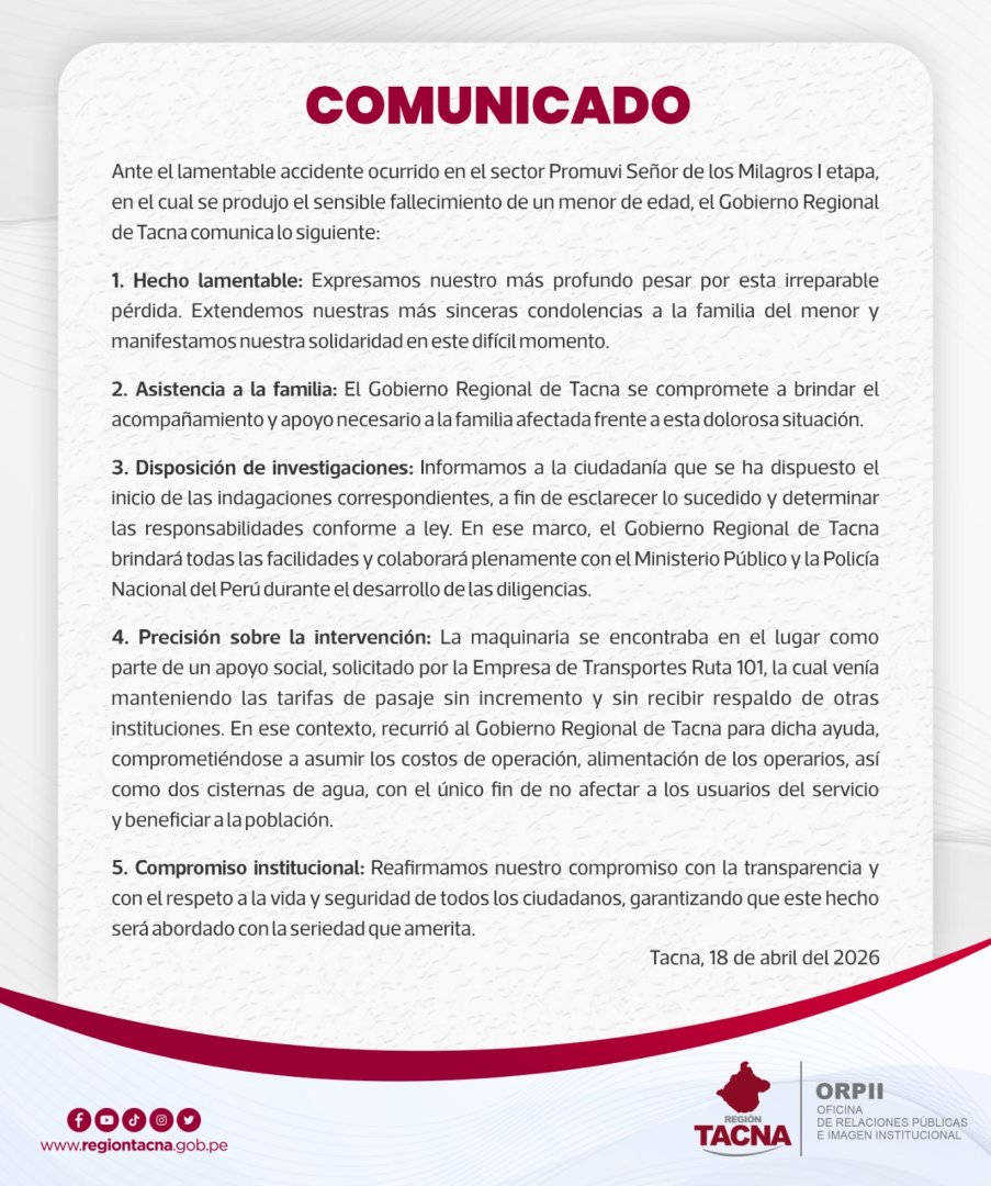 Comunicado del GORE Tacna