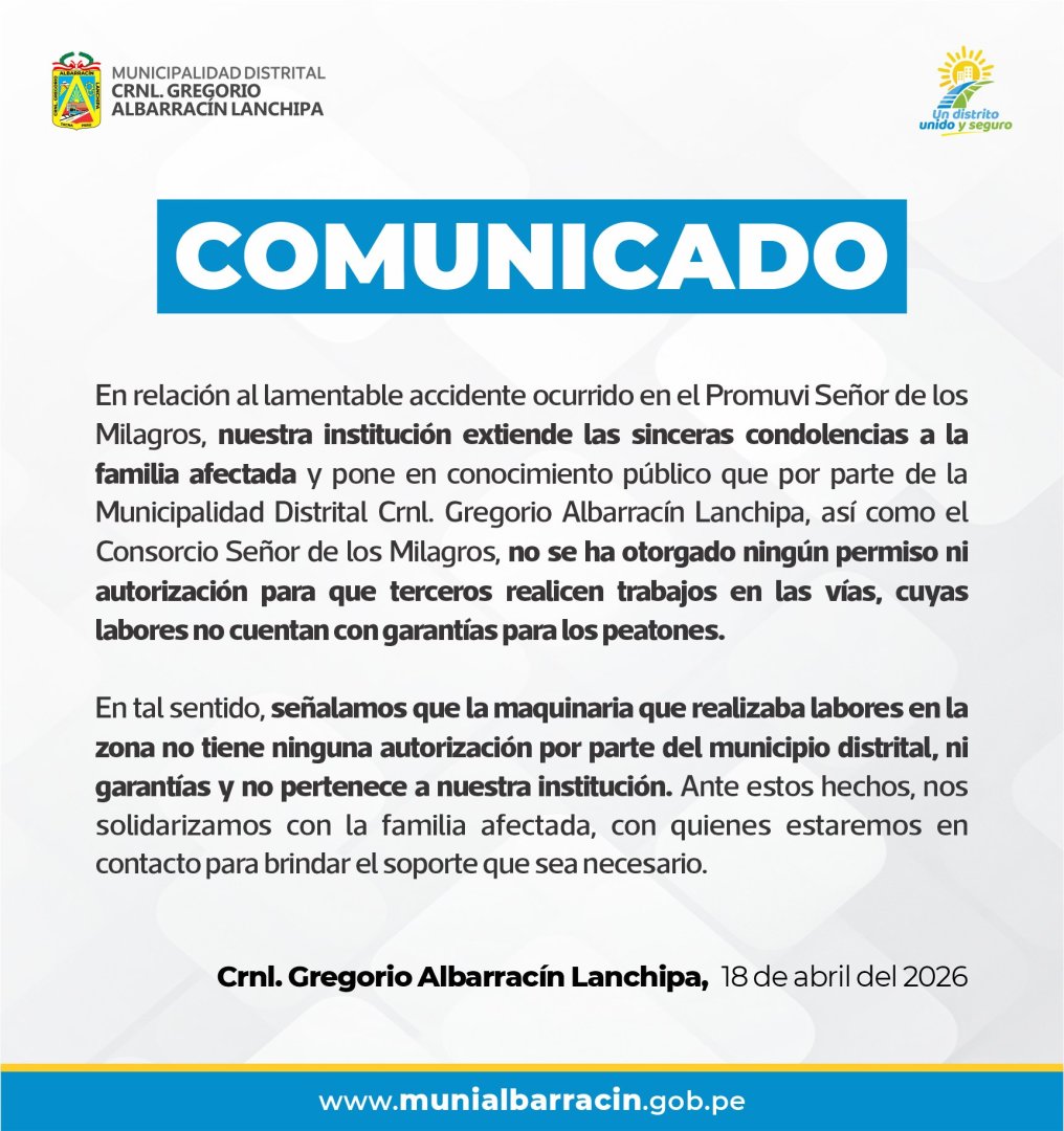 Comunicado de la Municipalidad Distrital Coronel Gregorio Albarrac�n