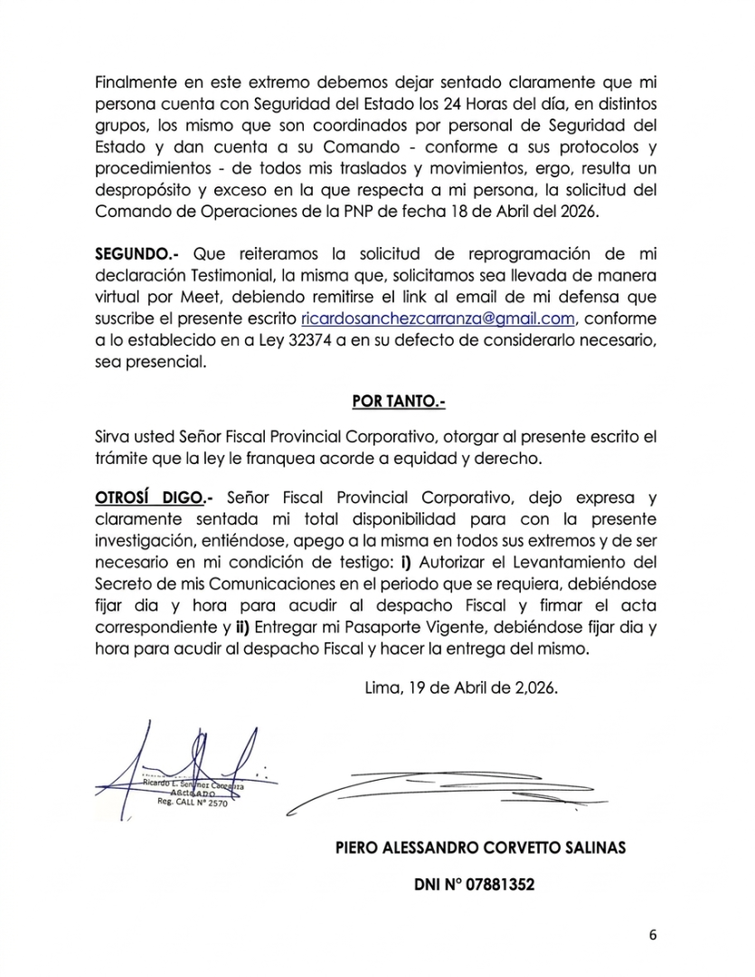 Carta de Piero Corvetto.