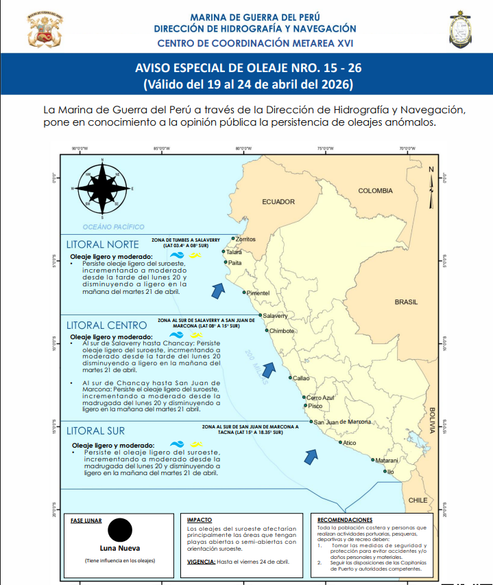 Aviso Especial de Oleaje N.� 15-26 de la DHN