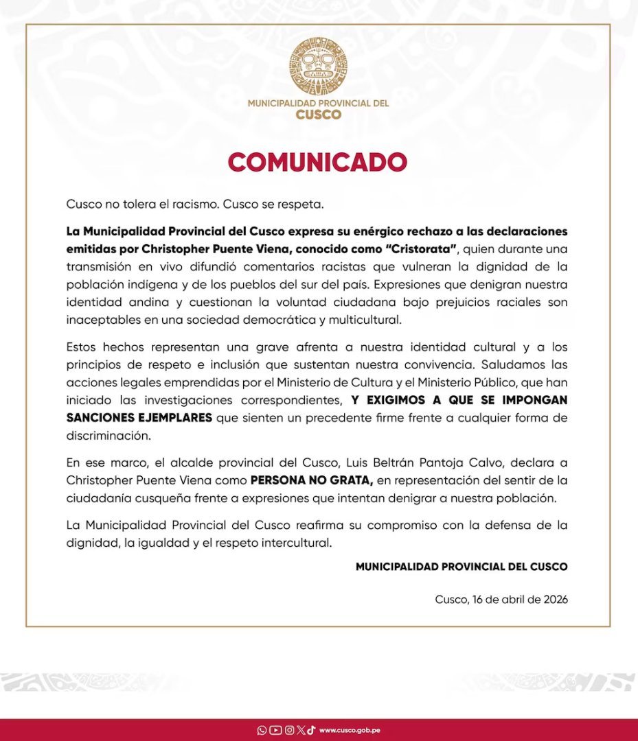 Comunicado de la Municipalidad de Cusco