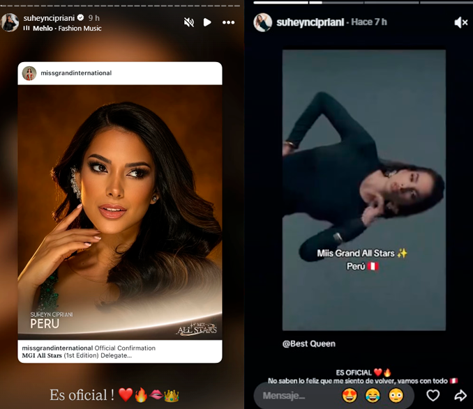 Suheyn Cipriani ir� al Miss Grand International All Stars por Per�.