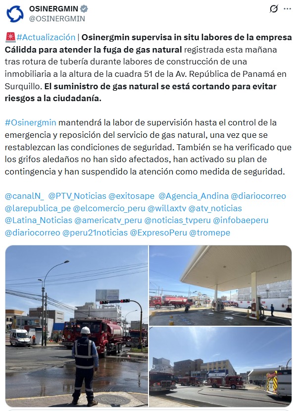 Osinergmin supervisa atentamente la fuga de gas ocurrida en Surquillo.