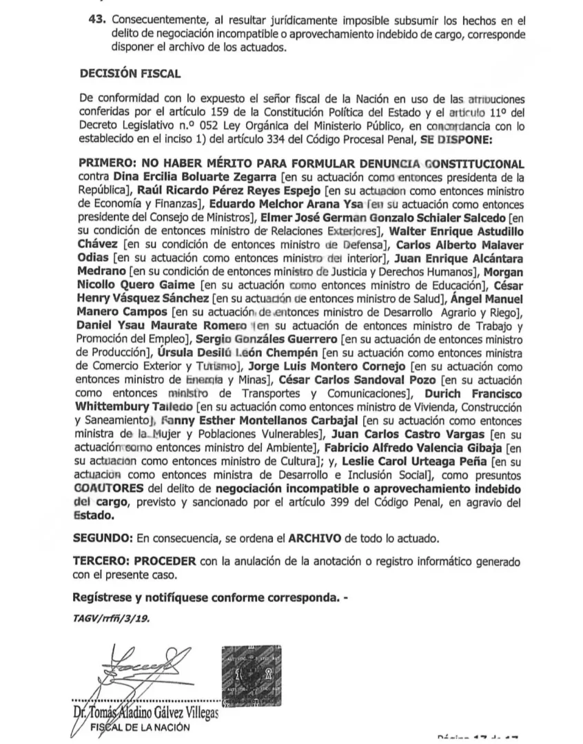 Tom�s Aladino G�lvez archiva denuncia por aumento de sueldo presidencial contra Dina Boluarte y exministros.