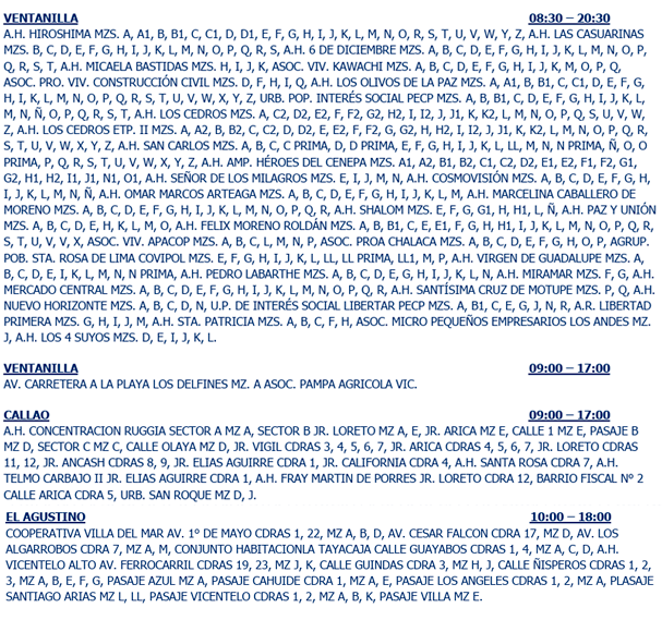 Zonas sin luz el 22 de abril.