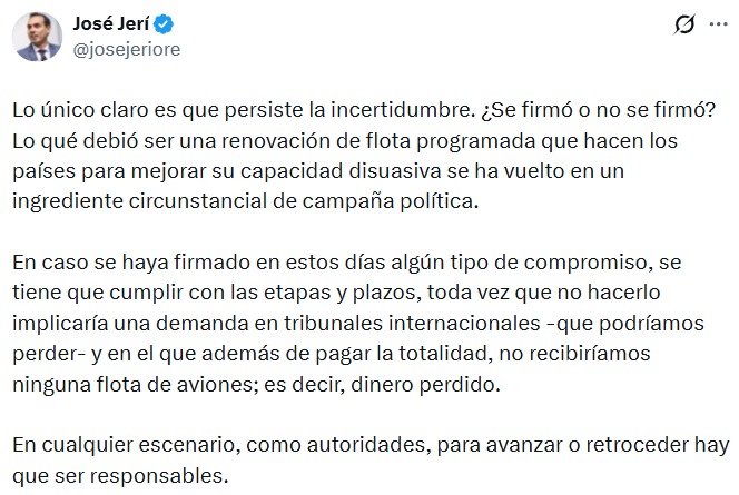 Jos� Jer� cuestion� nuevamente la frustrada compra de aviones F-16.