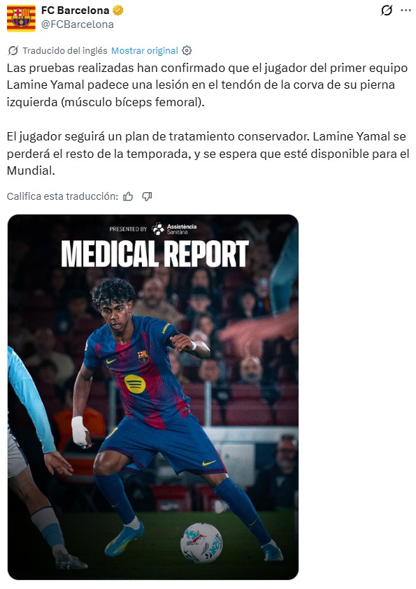 Barcelona emiti� el parte m�dico de Lamine Yamal.