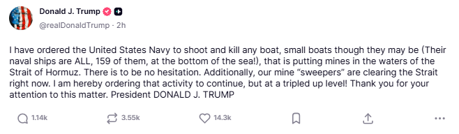 "He ordenado a la Marina de Estados Unidos disparar y destruir cualquier barco". Foto: captura de pantalla