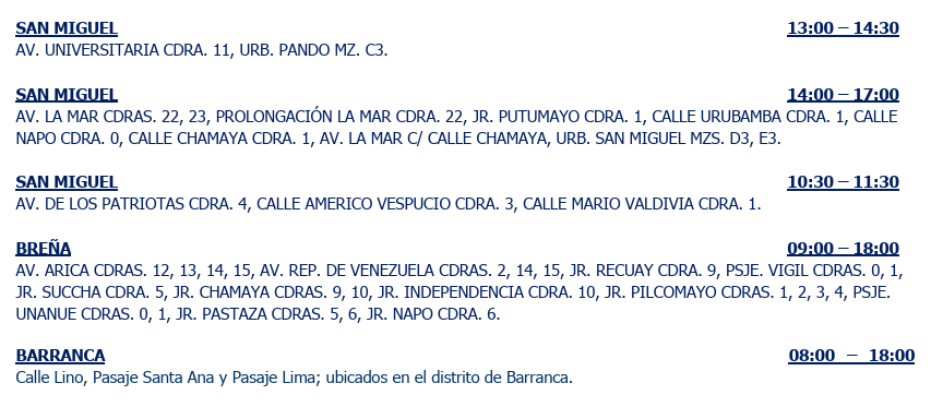 Cronograma de corte de luz.