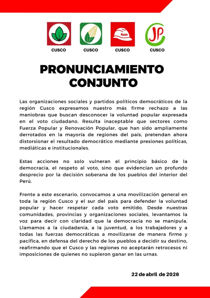 Comunicado emitido por movimientos de Cusco.