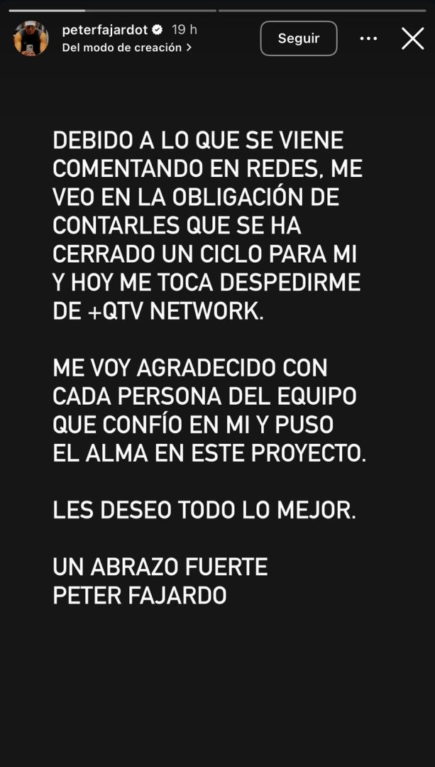 Comunicado de Peter Fajardo por su red social Instagram
