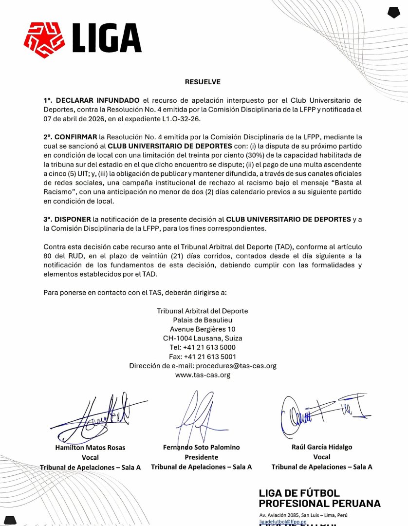 Documento en el que se ceclar� infundada la apelaci�n de Universitario