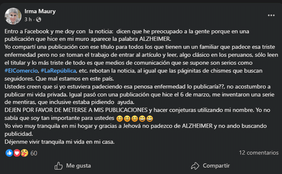 Publicaci�n de Irma Maury en Facebook en el que aclara lo sucedido