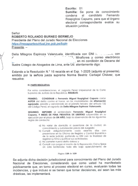 Documento de Delia Espinoza enviado al titular del JNE