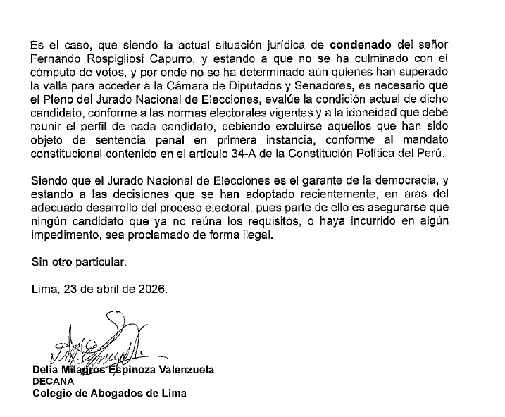 Documento de Delia Espinoza enviado al titular del JNE