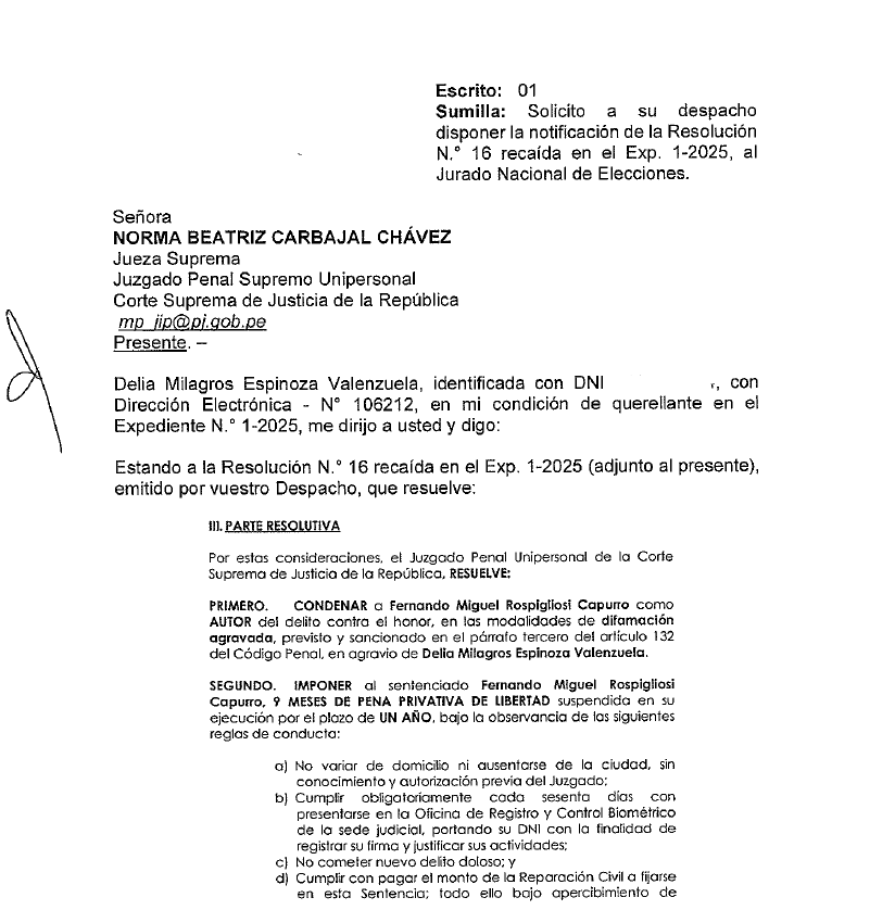 Documemto de Delia Espinoza enviado a la Corte Suprema