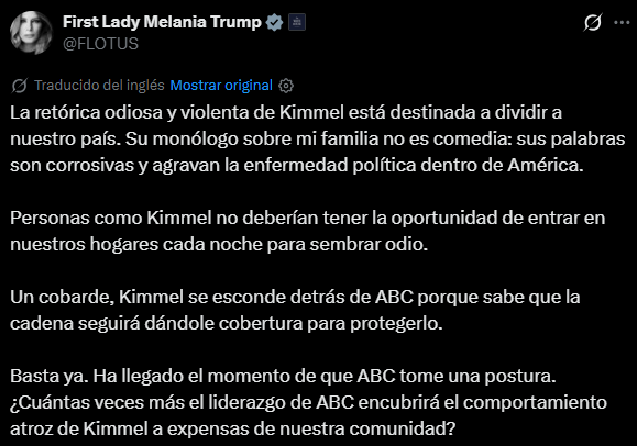 Reacci�n de Melania Trump tras los comentarios del presentador.