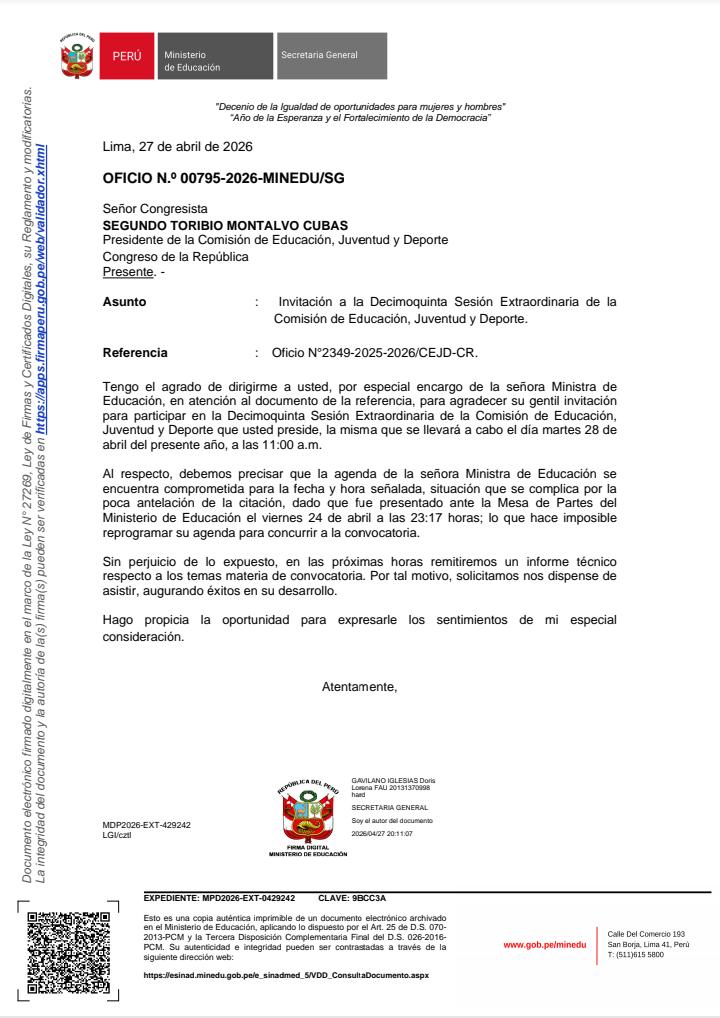 Titular de Minedu confirm� que no asistir a la Comisi�n de Educaci�n.