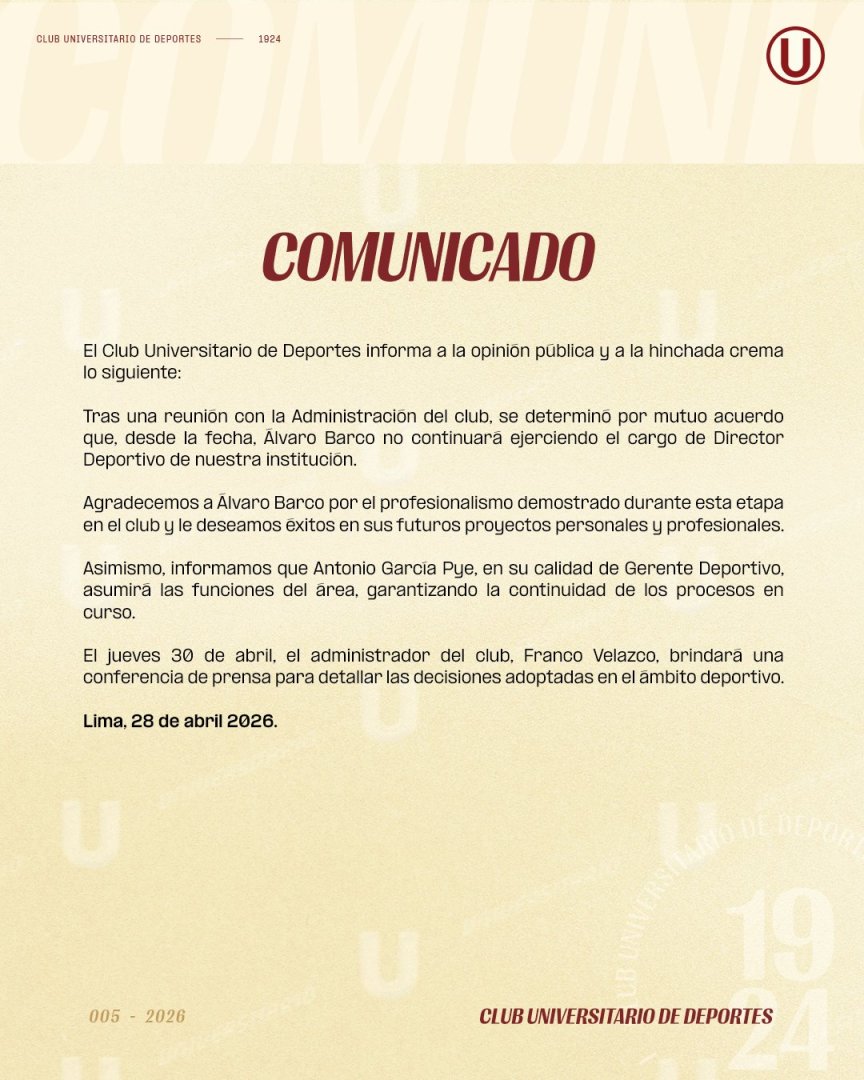 Universitario oficializa salida de �lvaro Barco