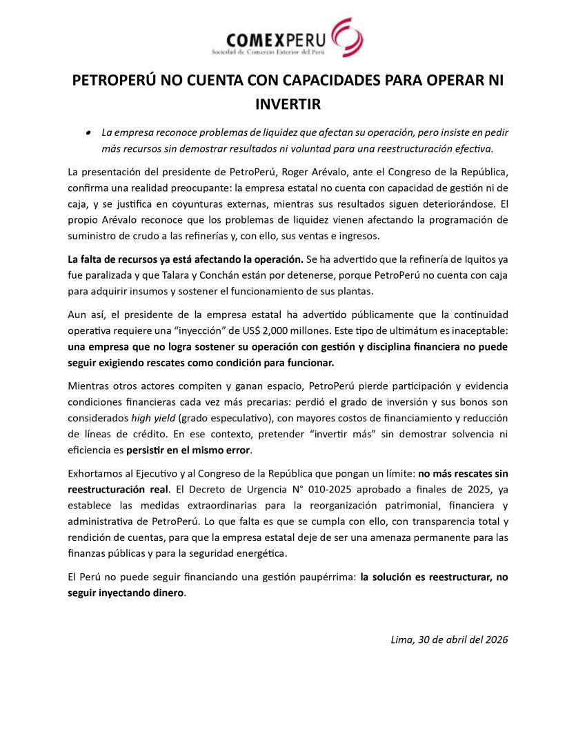 Comunicado de COMEX Per� sobre PetroPer� y nuevo pedido de rescate.