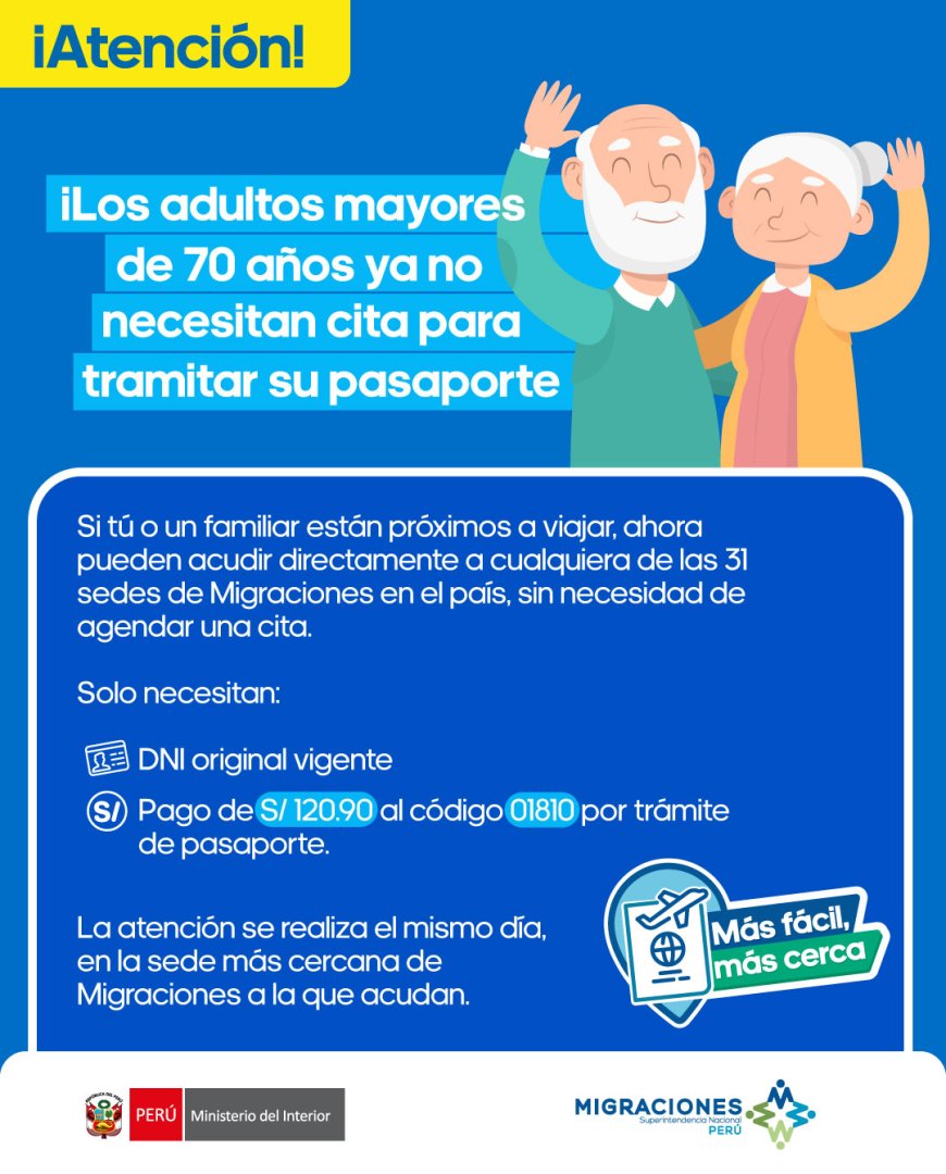 Los adultos de la tercera edad podr�n asistir a cualquiera de las 31 sedes disponibles de Migraciones para realizar el proceso.