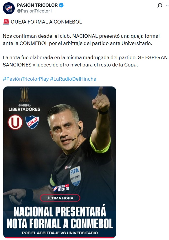 Nacional presenta reclamo formal ante Conmebol por arbitraje frente a la 'U'.