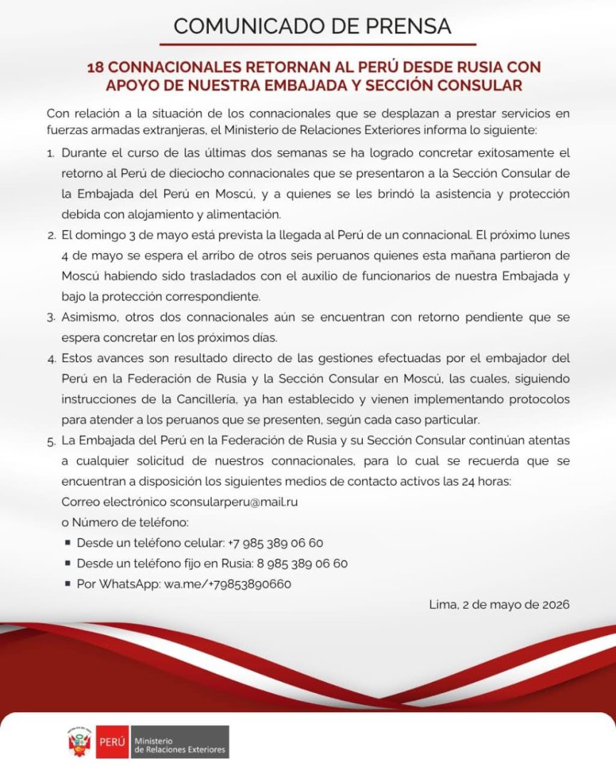 Canciller�a anunci� que 18 connacionales volvieron al Per� desde Rusia.