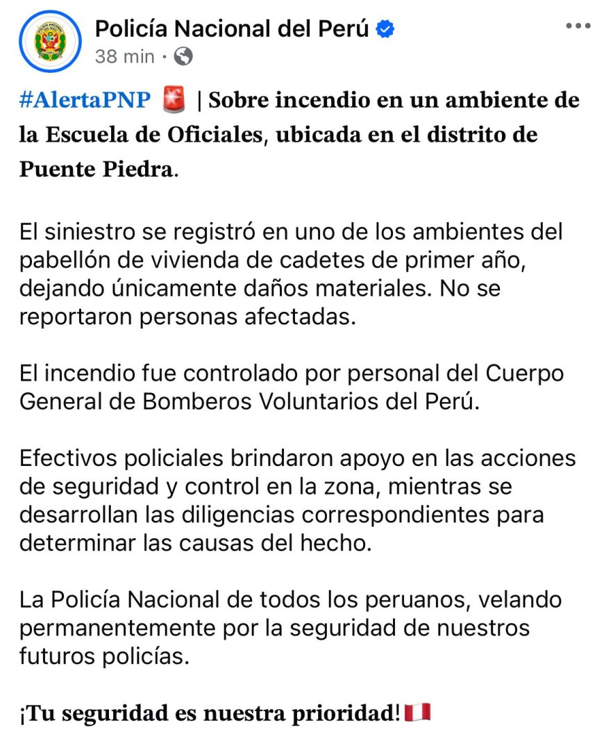 Se produjo un incendio en la Escuela de Suboficiales de la PNP.
