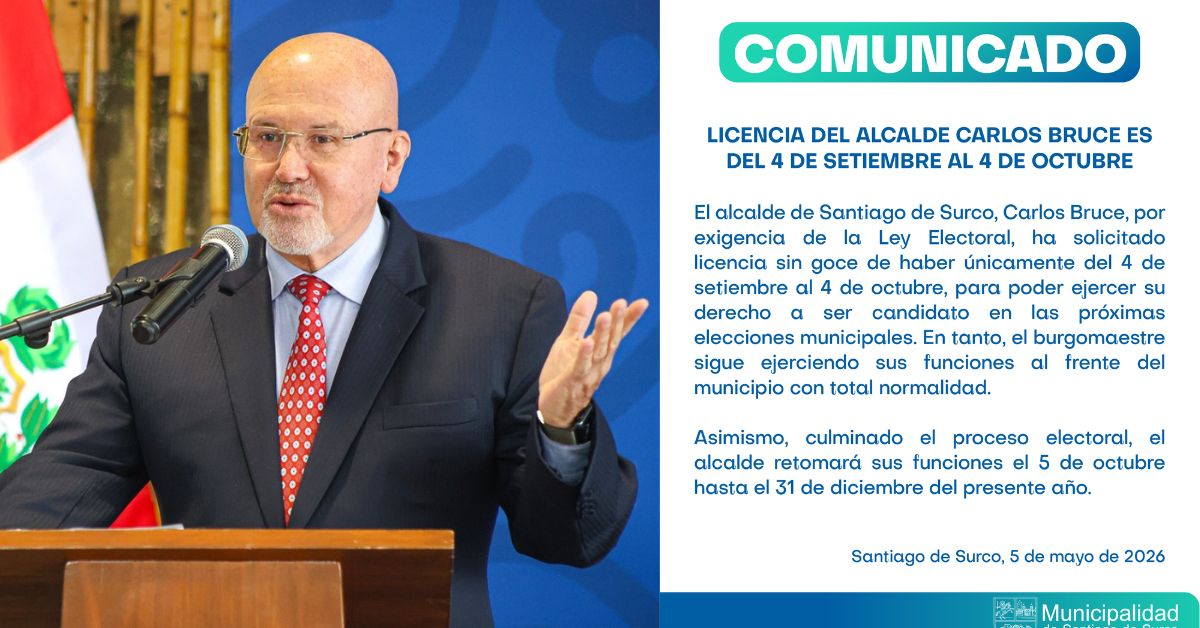 Carlos Bruce lanza comunicado anunciando hasta que fecha ejercerá funciones en la Municipalidad de Surco