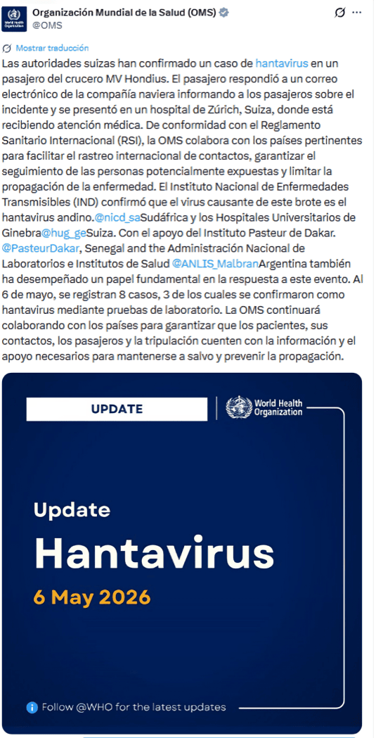 Publicaci�n de la OMS en el que informa la cepa Andes