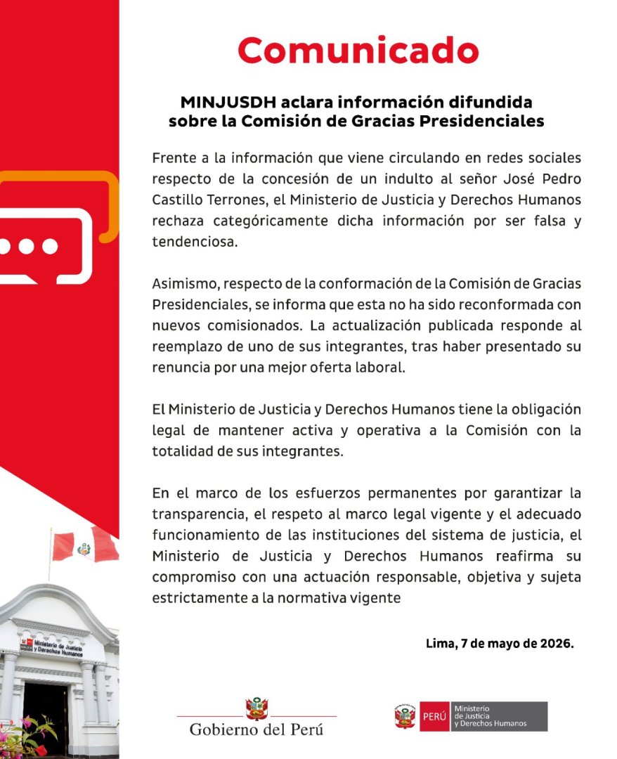Comunicado del Minjus que rechaza posible indulto a Pedro Castillo.
