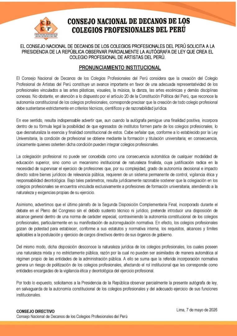 Consejo Nacional de Decanos de los Colegios Profesionales solicitan observaci�n de ley. Foto: difusi�n