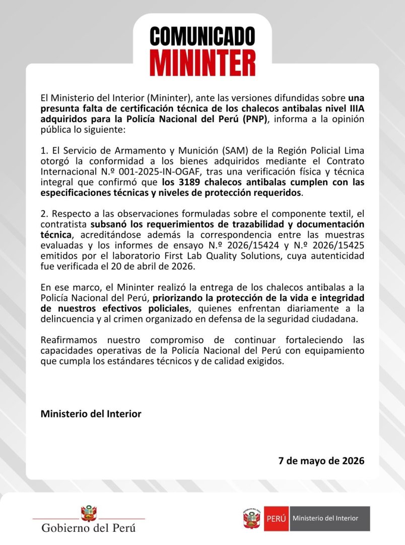 Mininter asegur� que chalecos entregados a la PNP tiene todas las certificaciones.