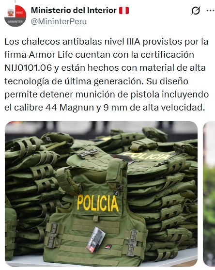 Mininter asegur� que chalecos entregados a la PNP tiene todas las certificaciones.