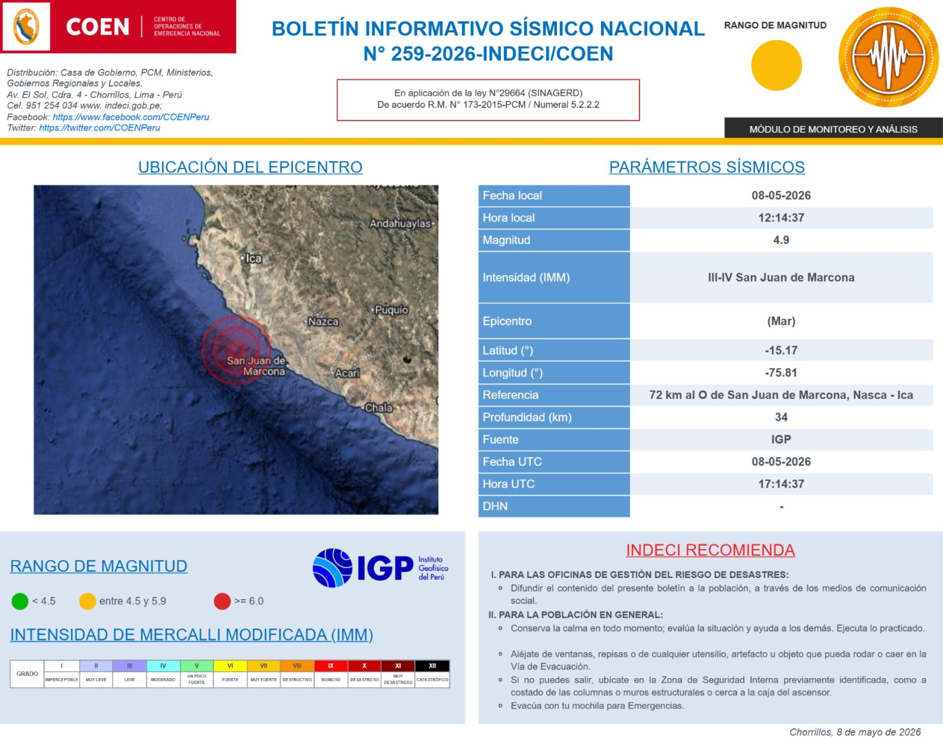 Bolet�n informativo de COEN -INDECI en el que indica el epicentro del sismo en Ica