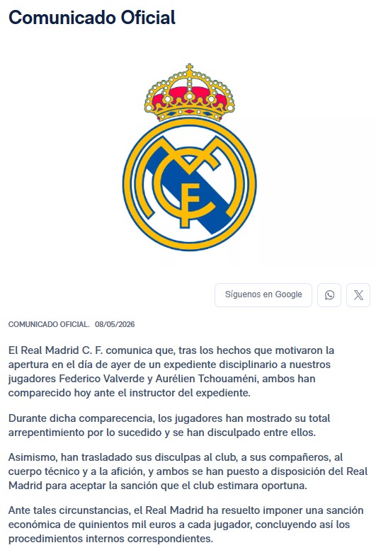 Real Madrid impuso millonaria multa a Valverde y Tchouam�ni.
