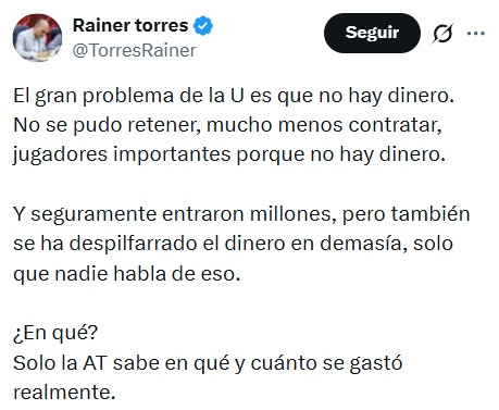 Rainer Torres hizo grave acusaci�n contra la administraci�n de la 'U'.