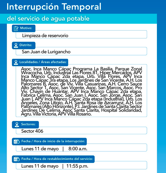 Sin servicio en SJL el 11 de mayo.