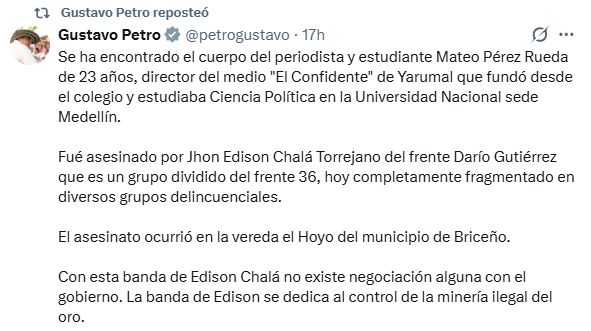 Gustavo Petro confirma muerte de periodista colombiano.