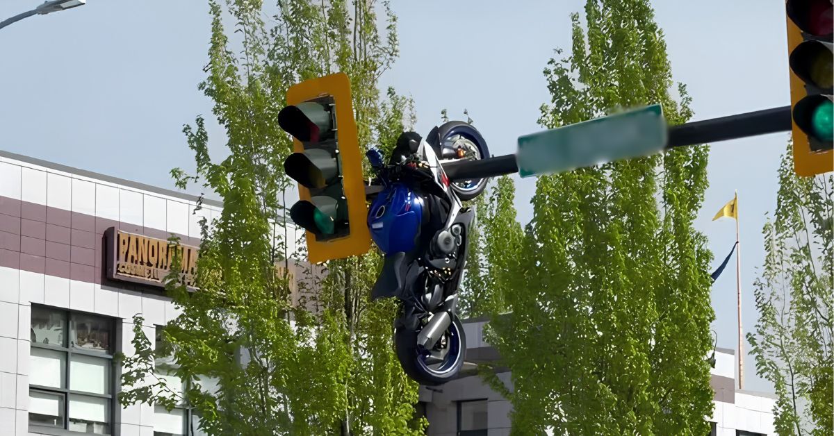 ¡Impactante! Motocicleta queda COLGADA de un semáforo tras BRUTAL choque con auto [VIDEO]