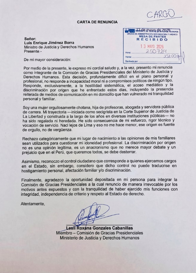 Carta de renuncia de la abogada.